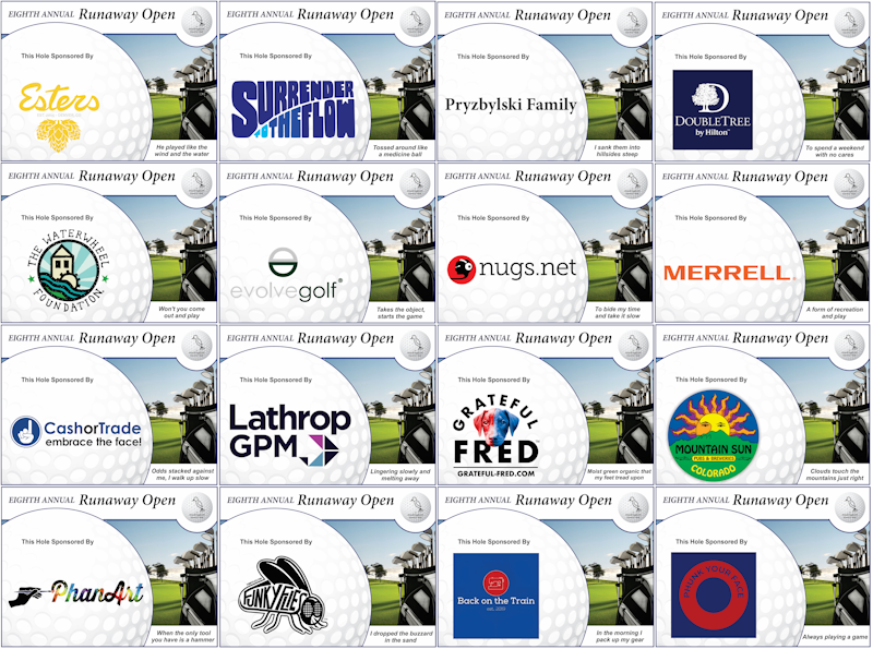 4x4 grid of 16 of the sponsors for the 8th Runaway Open